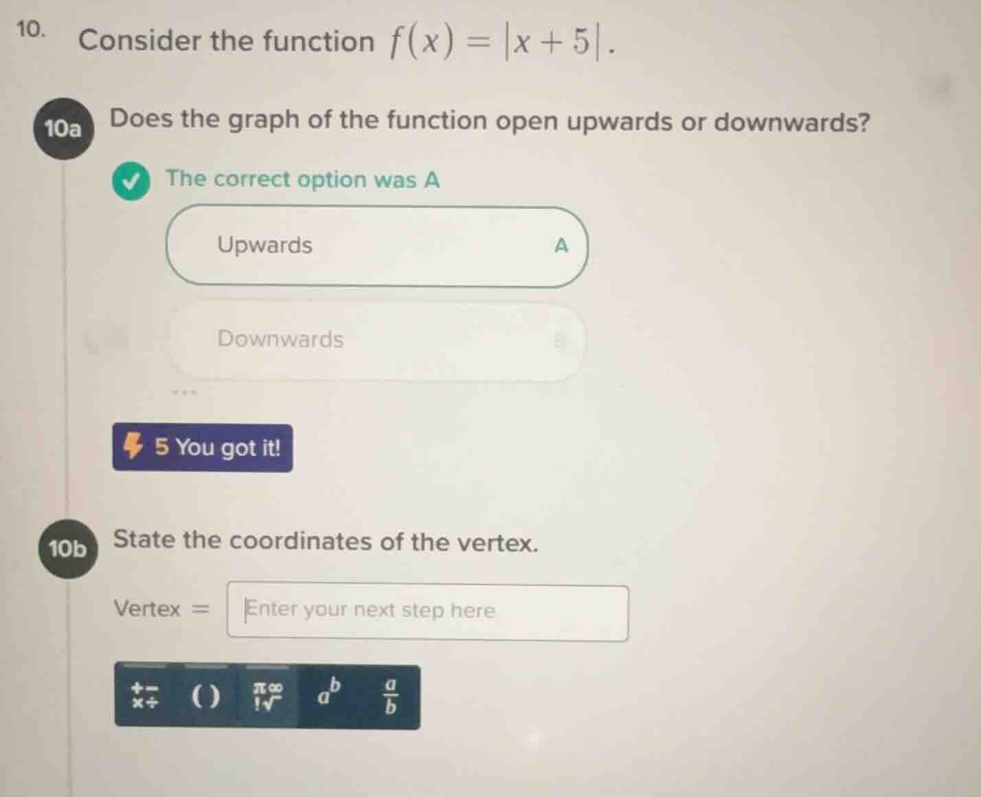 10. consider the function $f(x)=|x + 5|$. 10a does the graph of the fun…