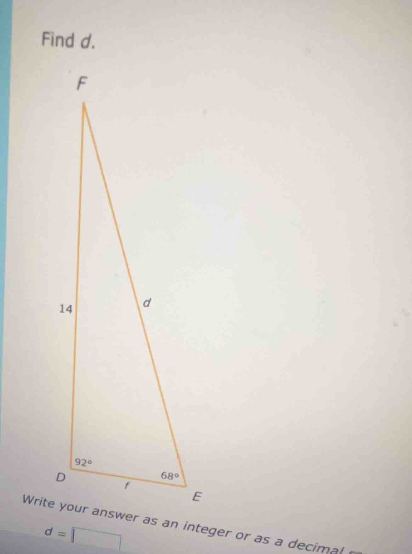 find d. write your answer as an integer or as a decimal d =