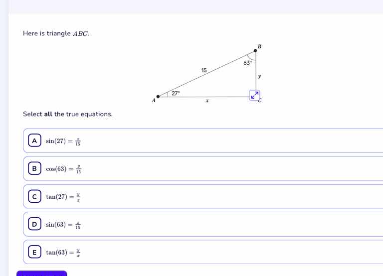 here is triangle abc. select all the true equations. a (sin(27)=\frac{y…