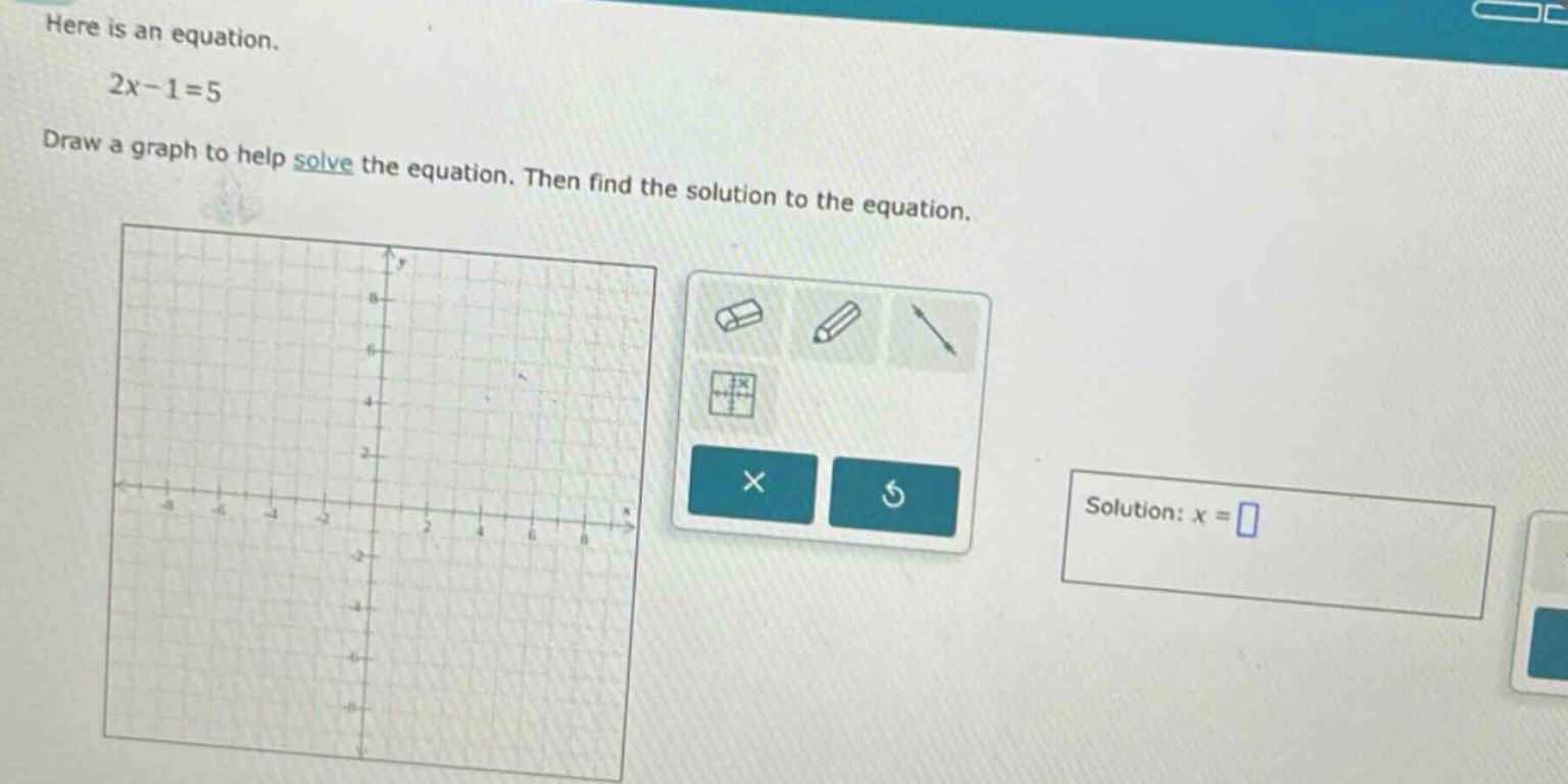 here is an equation. 2x - 1 = 5 draw a graph to help solve the equation…