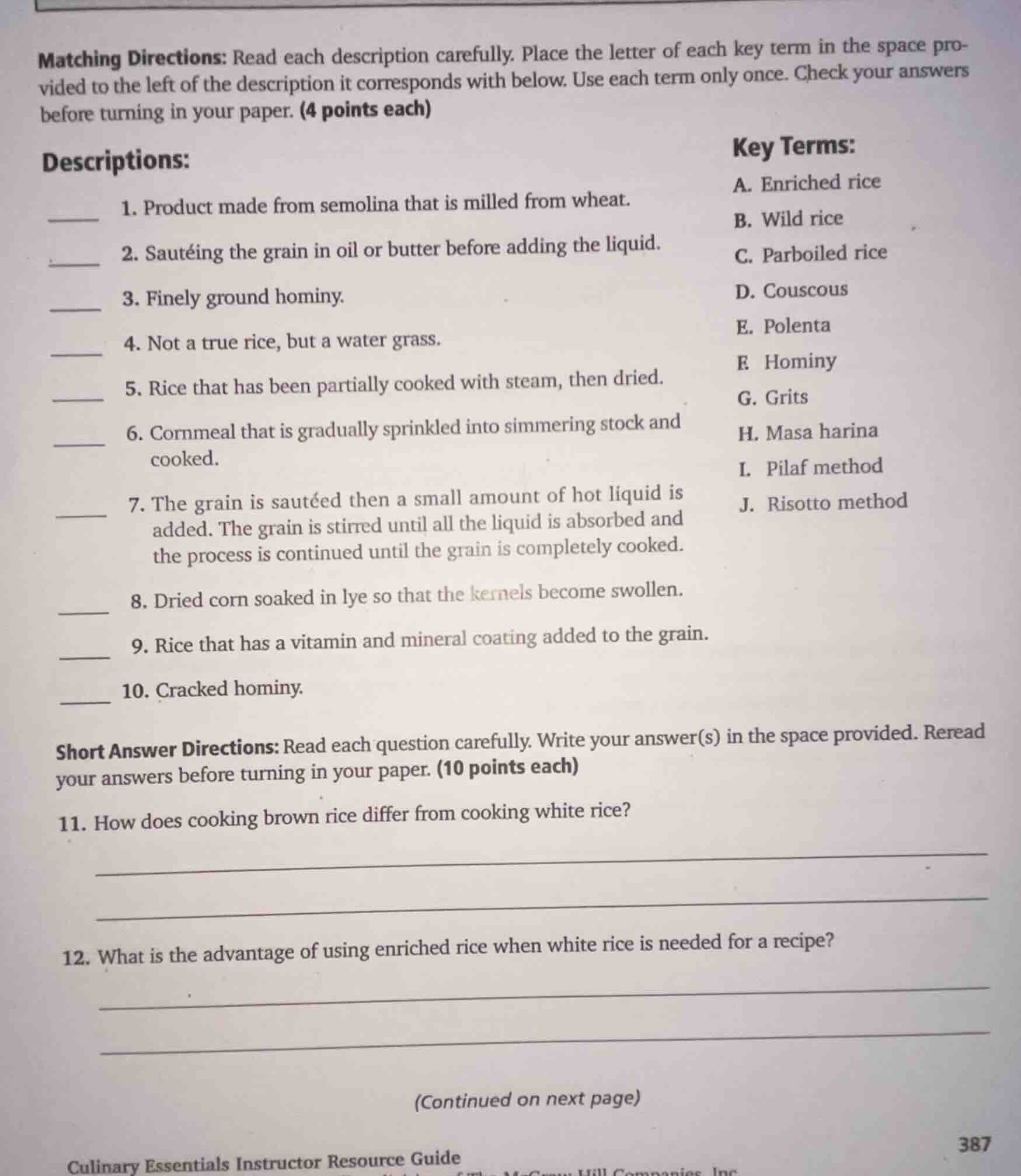 matching directions: read each description carefully. place the letter …