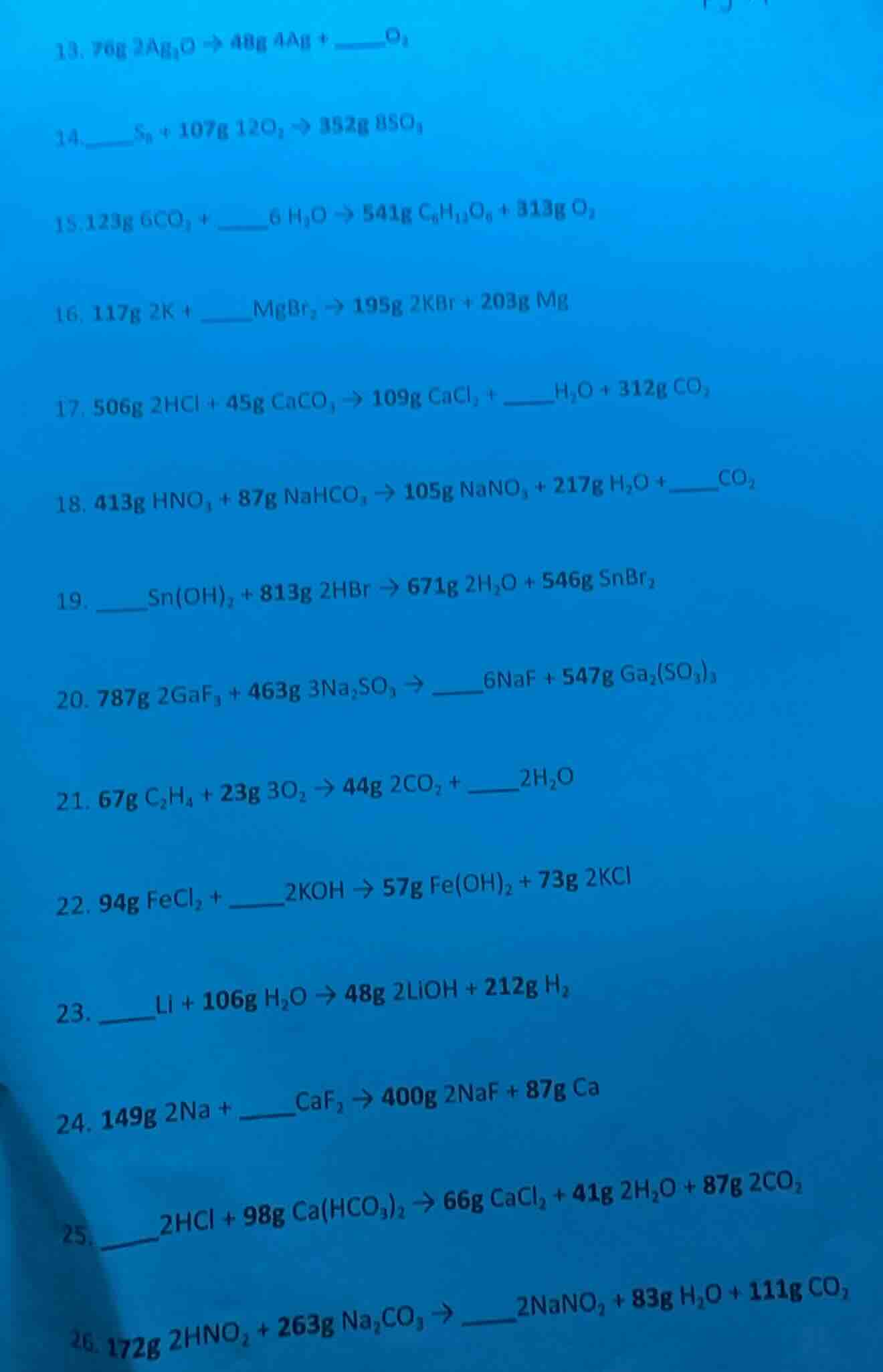 13. 76g 2ag₂o → 48g 4ag + ____o₂ 14. ____s₈ + 107g 12o₂ → 352g 8so₃ 15.…