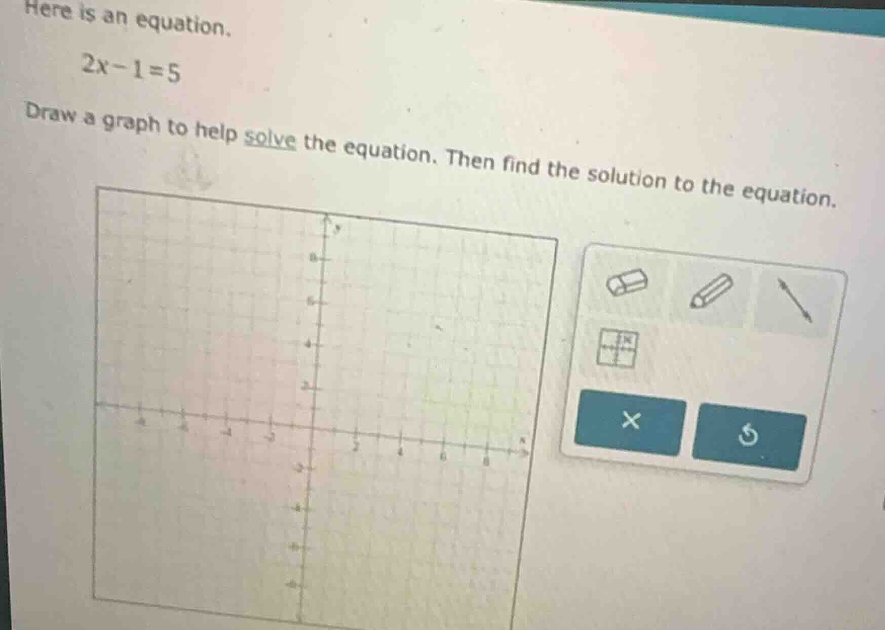 here is an equation. 2x - 1 = 5 draw a graph to help solve the equation…