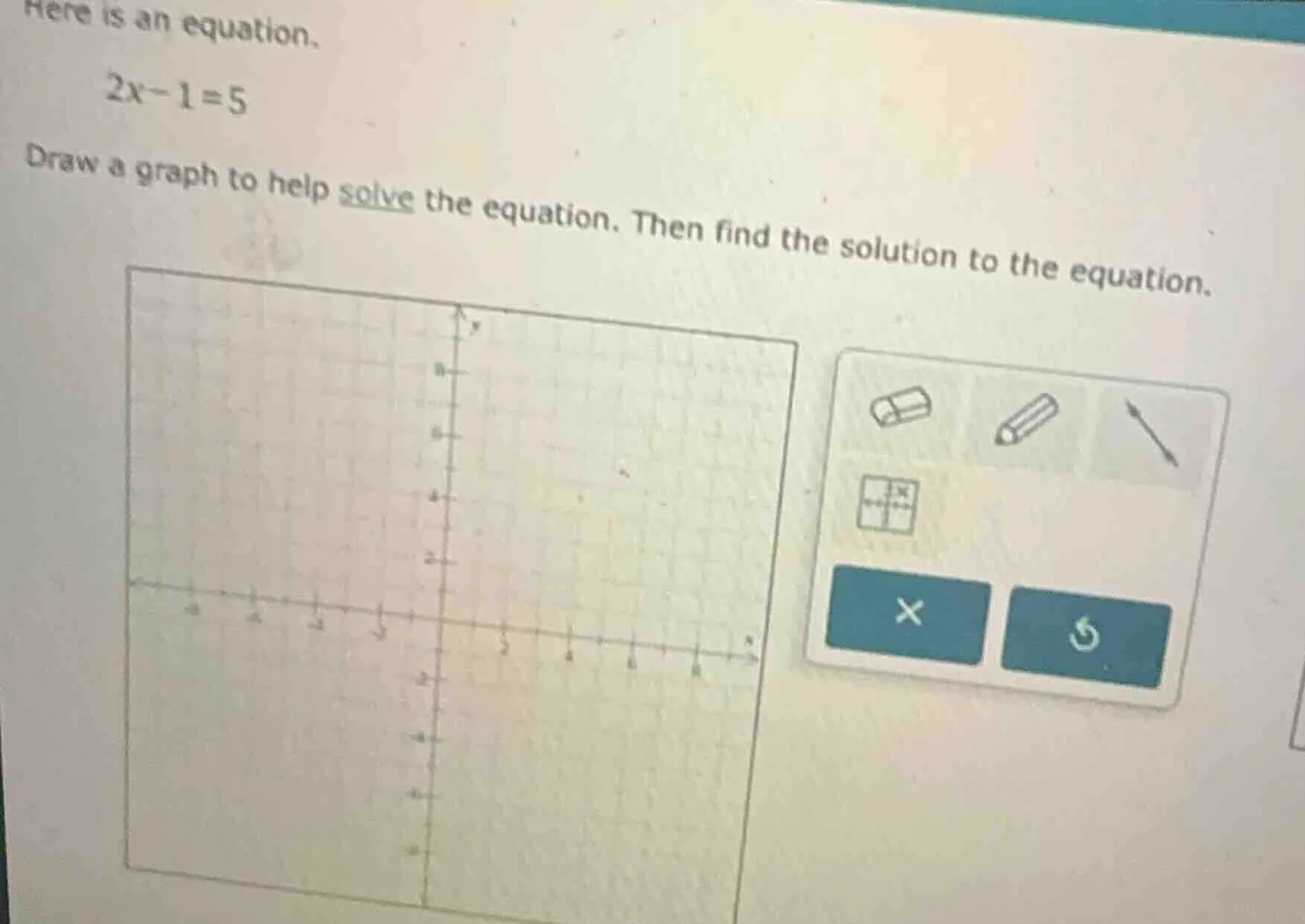 here is an equation. 2x - 1 = 5 draw a graph to help solve the equation…