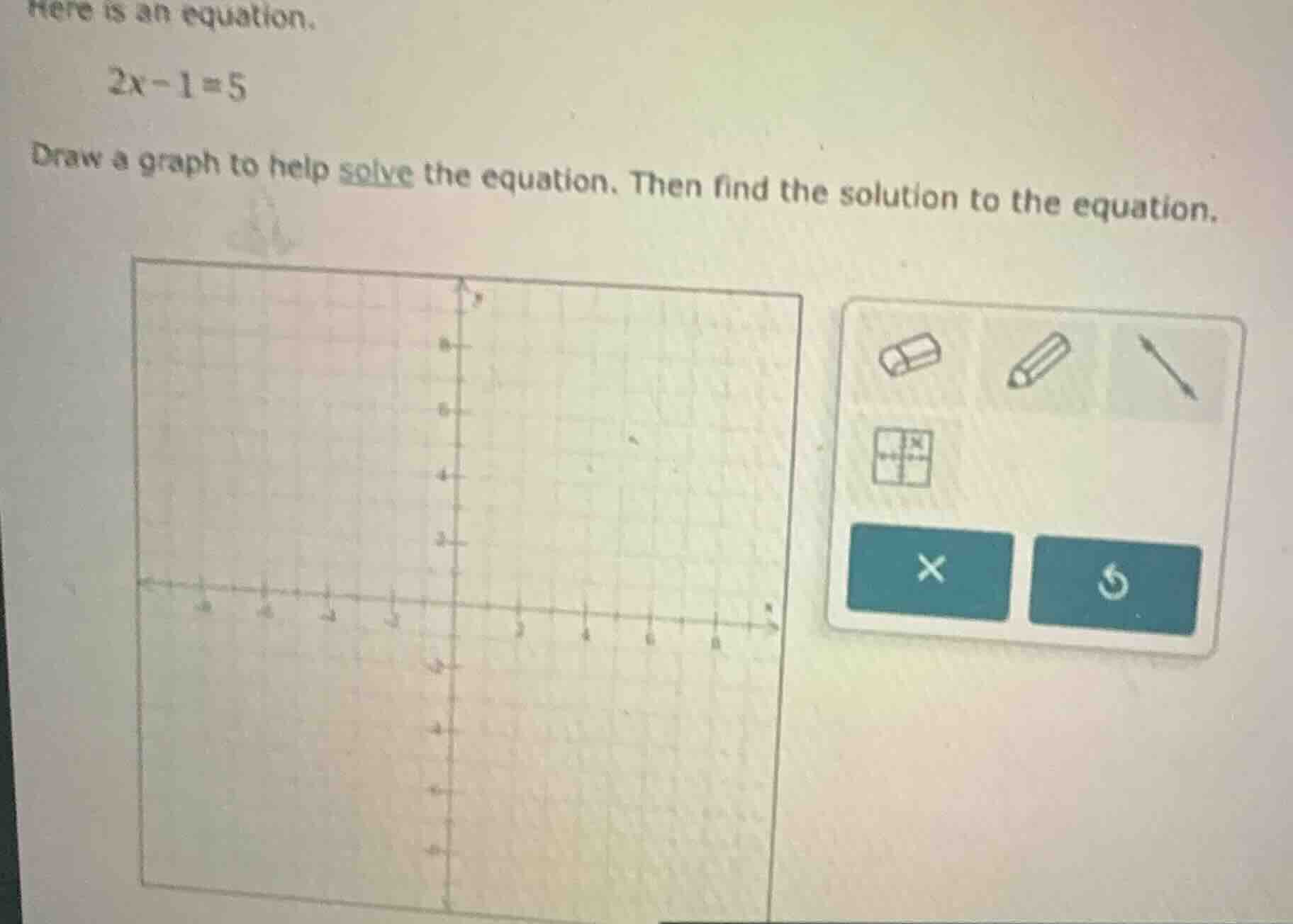 here is an equation. $2x - 1 = 5$ draw a graph to help solve the equati…