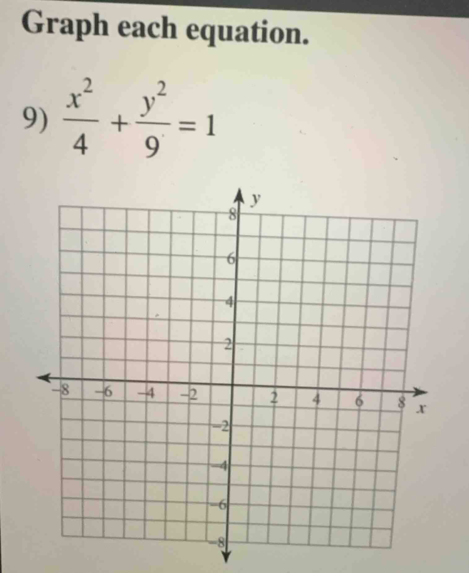 graph each equation. 9) \\(\\frac{x^2}{4} + \\frac{y^2}{9} = 1\\)