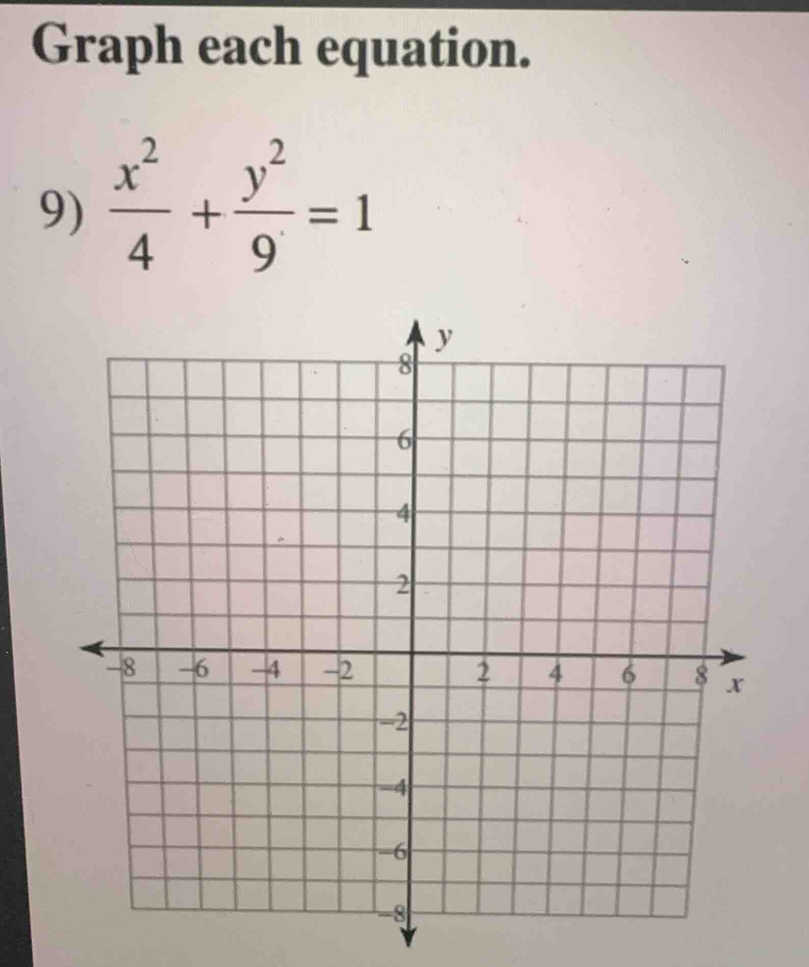 graph each equation. 9) \\(\\frac{x^2}{4} + \\frac{y^2}{9} = 1\\)