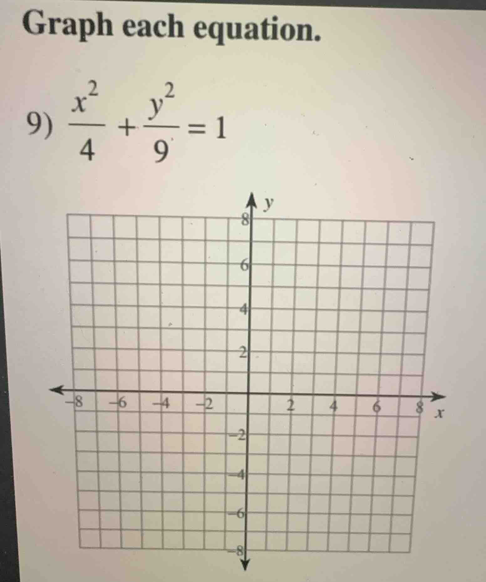 graph each equation. 9) \\(\\frac{x^2}{4} + \\frac{y^2}{9} = 1\\)