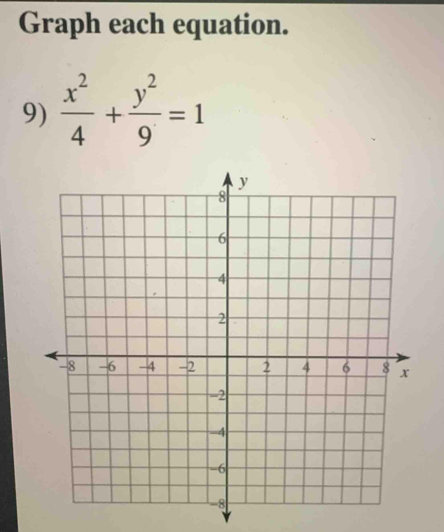 graph each equation. 9) \\(\\frac{x^2}{4} + \\frac{y^2}{9} = 1\\)