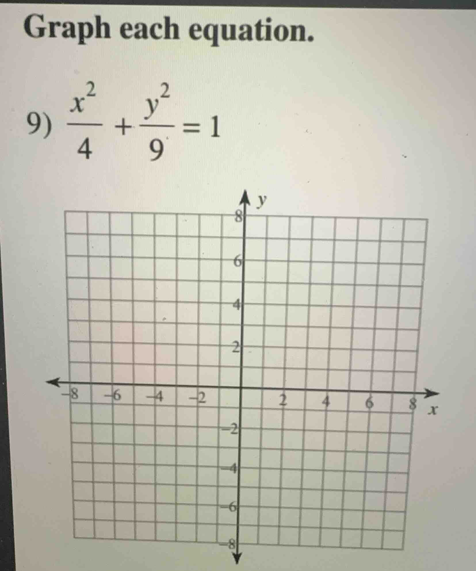 graph each equation. 9) \\(\\frac{x^2}{4} + \\frac{y^2}{9} = 1\\)