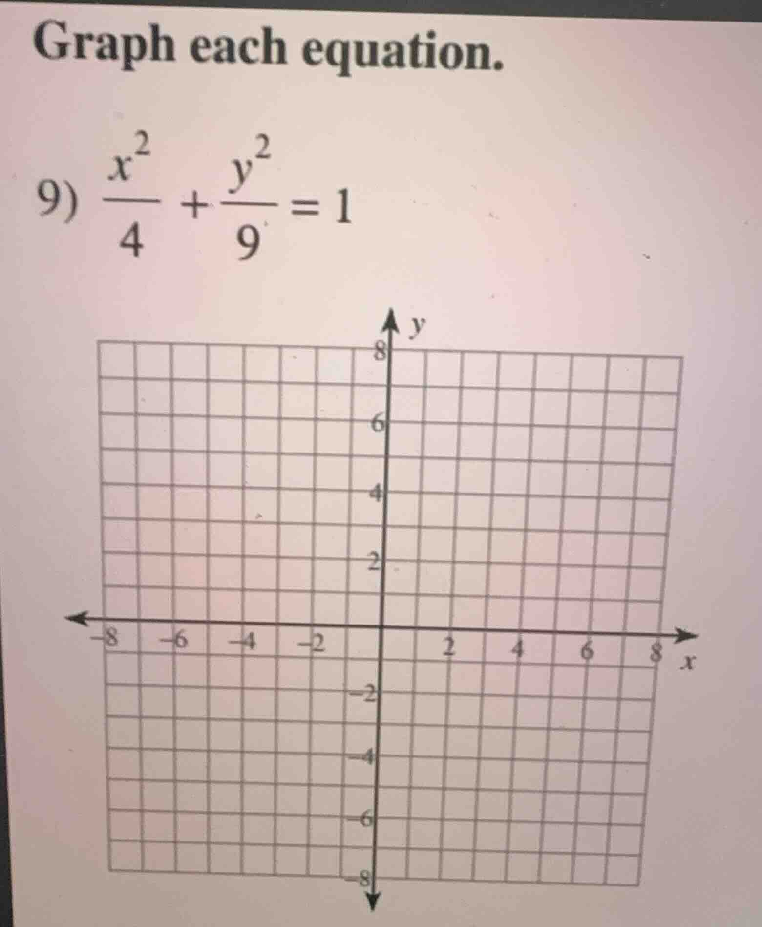 graph each equation. 9) \\(\\frac{x^2}{4} + \\frac{y^2}{9} = 1\\)