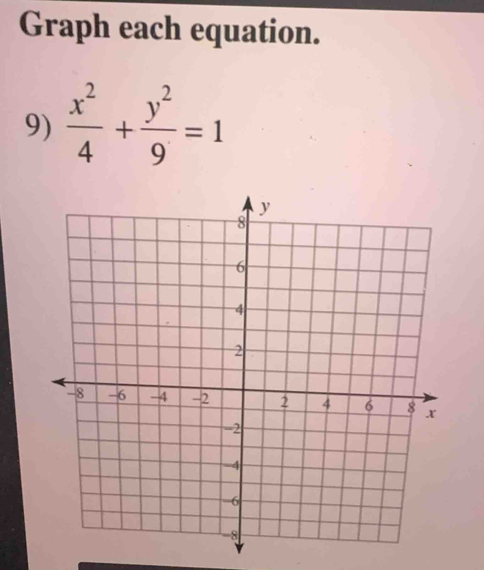 graph each equation. 9) \\(\\frac{x^2}{4} + \\frac{y^2}{9} = 1\\)