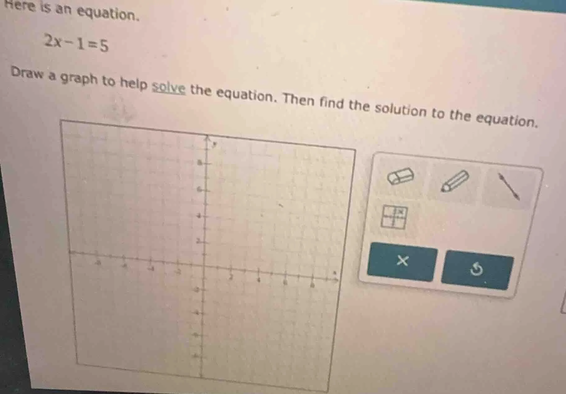 here is an equation. 2x - 1 = 5 draw a graph to help solve the equation…