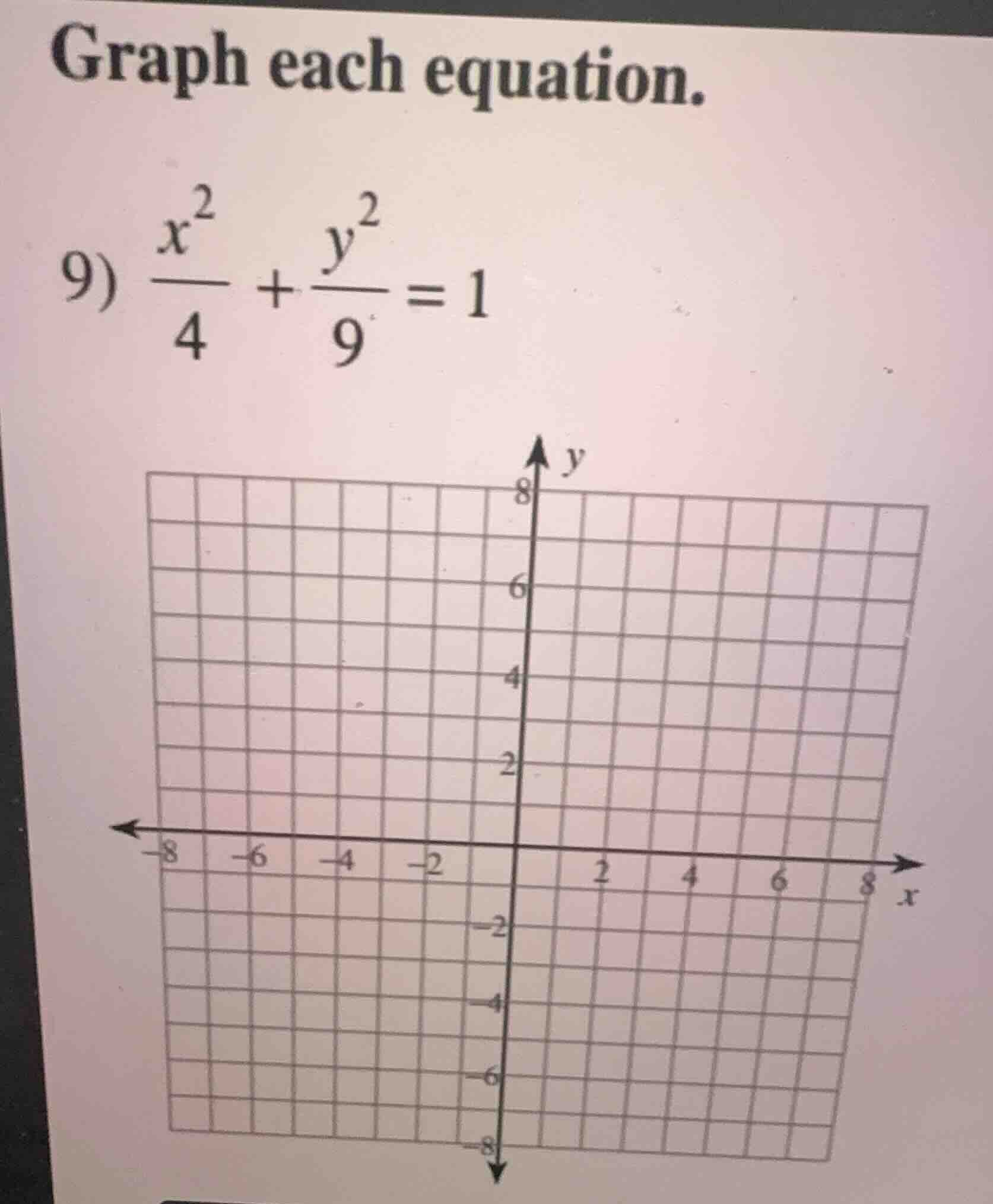 graph each equation. 9) \\(\\frac{x^2}{4} + \\frac{y^2}{9} = 1\\)