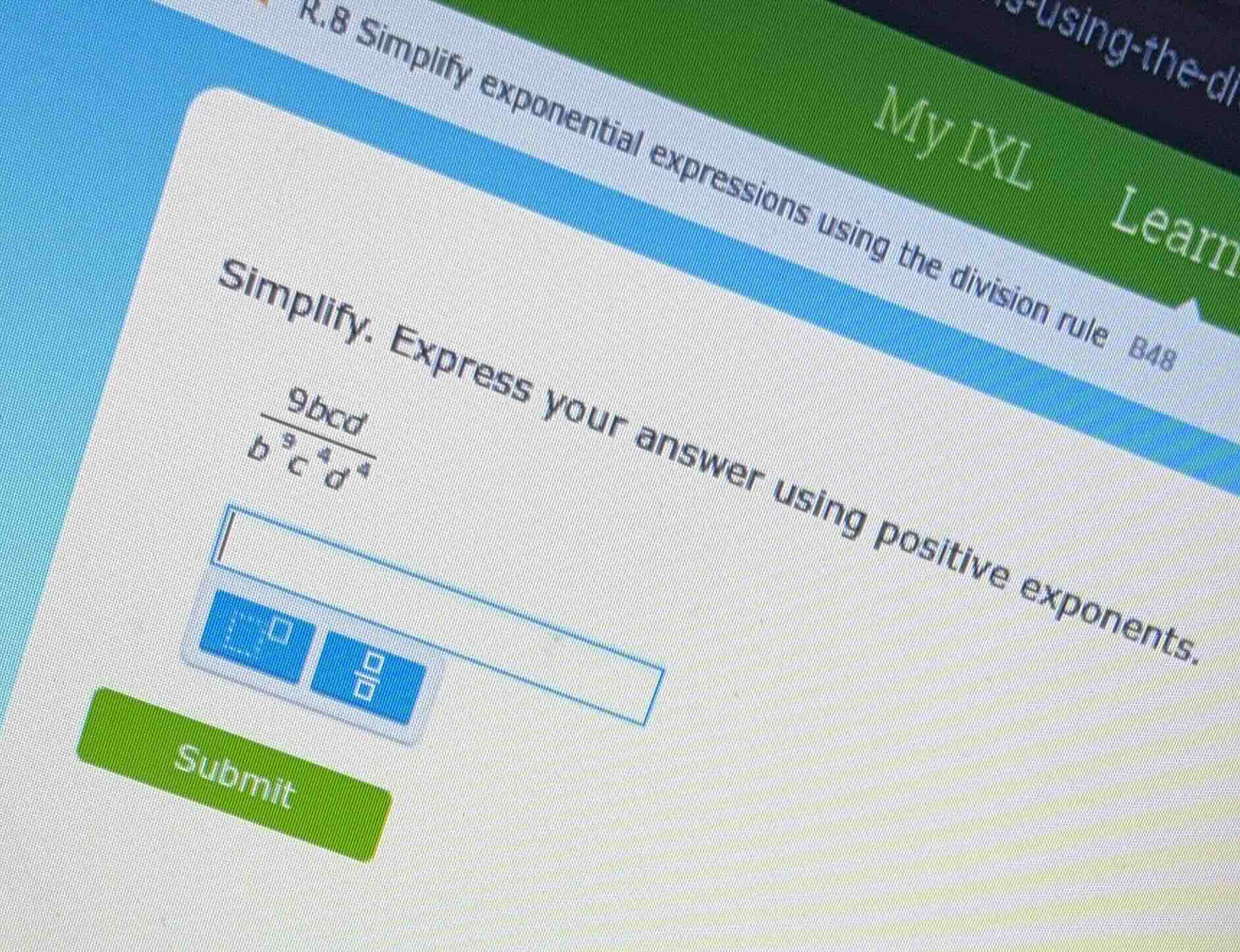 simplify. express your answer using positive exponents. \\(\\frac{9bcd}…