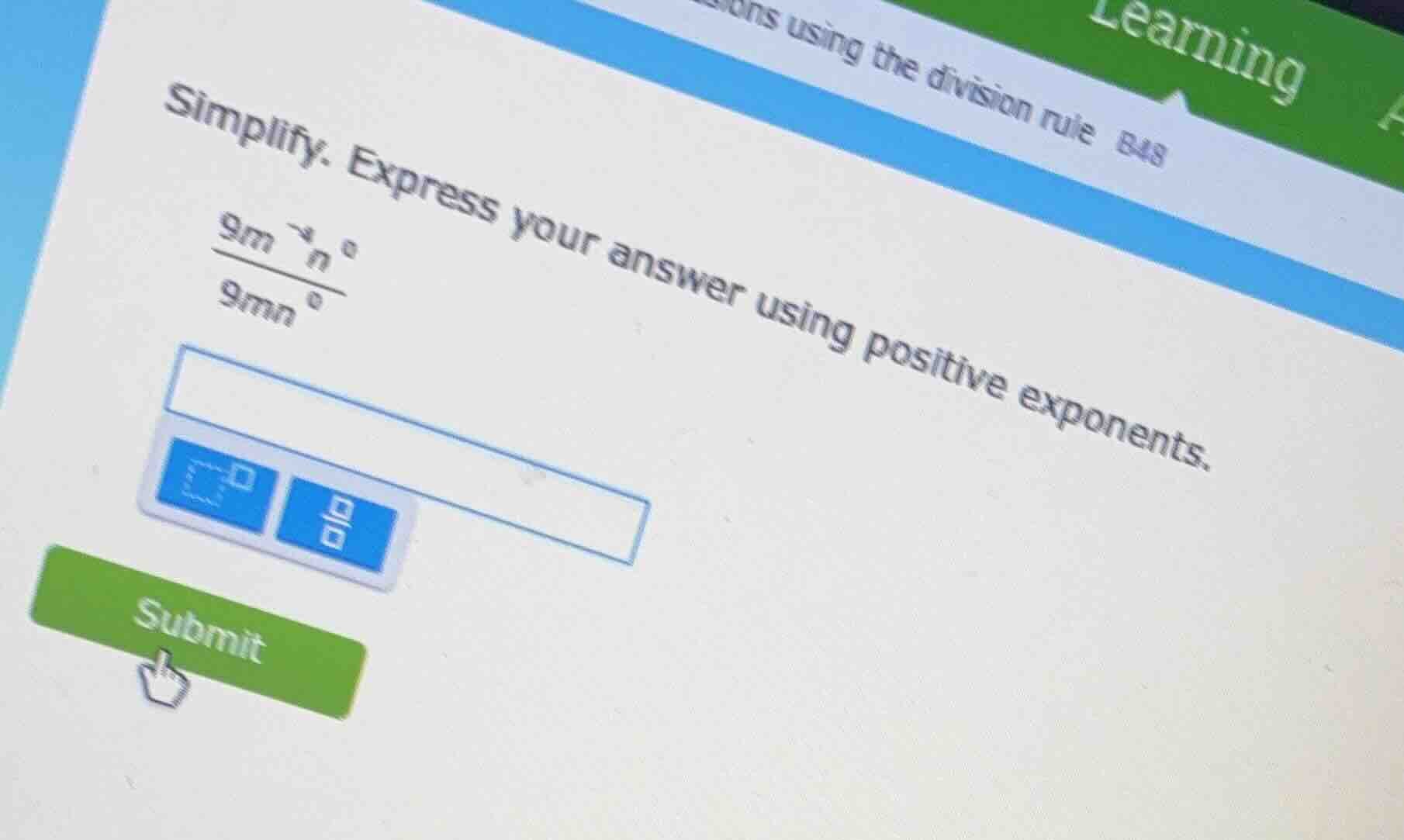 simplify. express your answer using positive exponents. \\(\\frac{9m^{-…