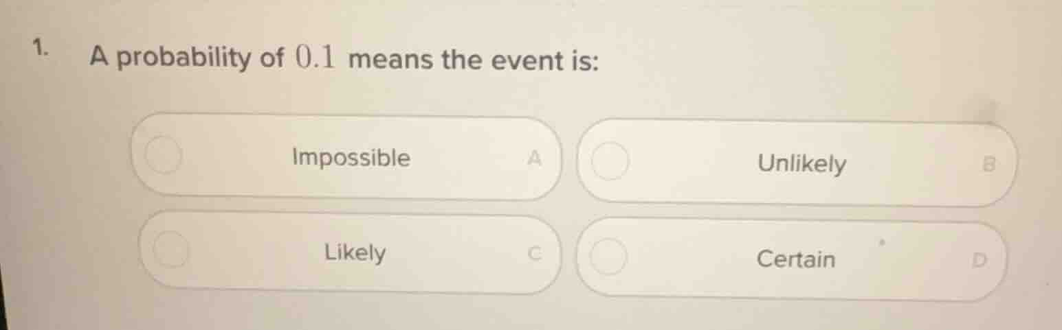 1. a probability of 0.1 means the event is: impossible a unlikely b lik…
