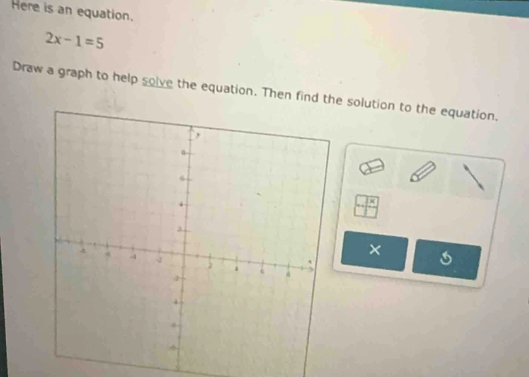 here is an equation. 2x - 1 = 5 draw a graph to help solve the equation…