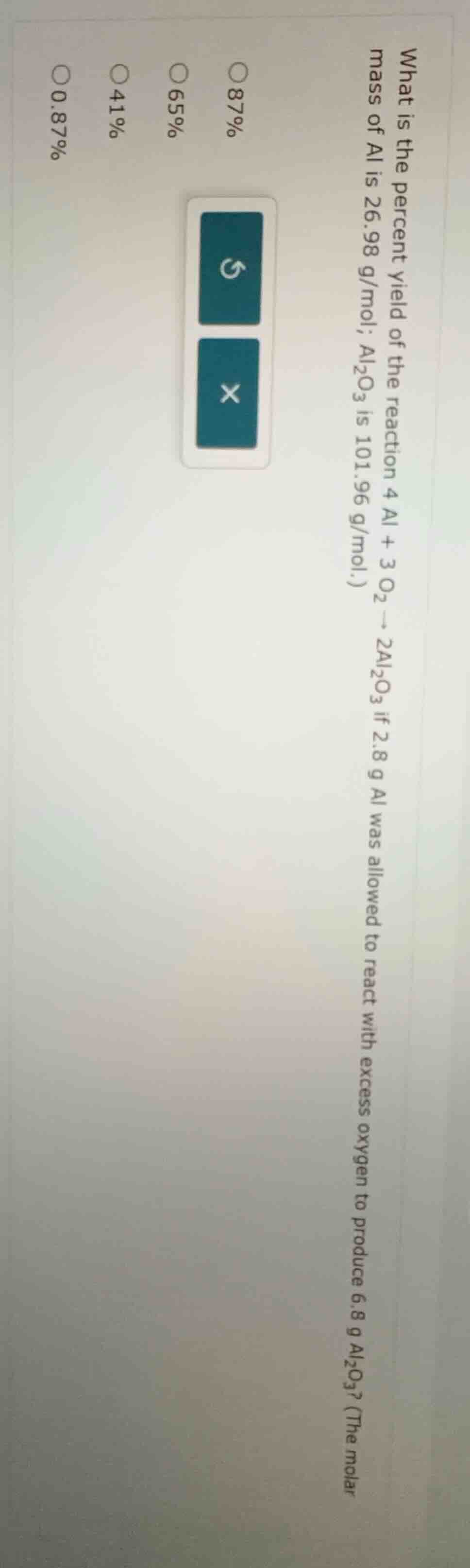 what is the percent yield of the reaction 4 al + 3 o₂ → 2al₂o₃ if 2.8 g…