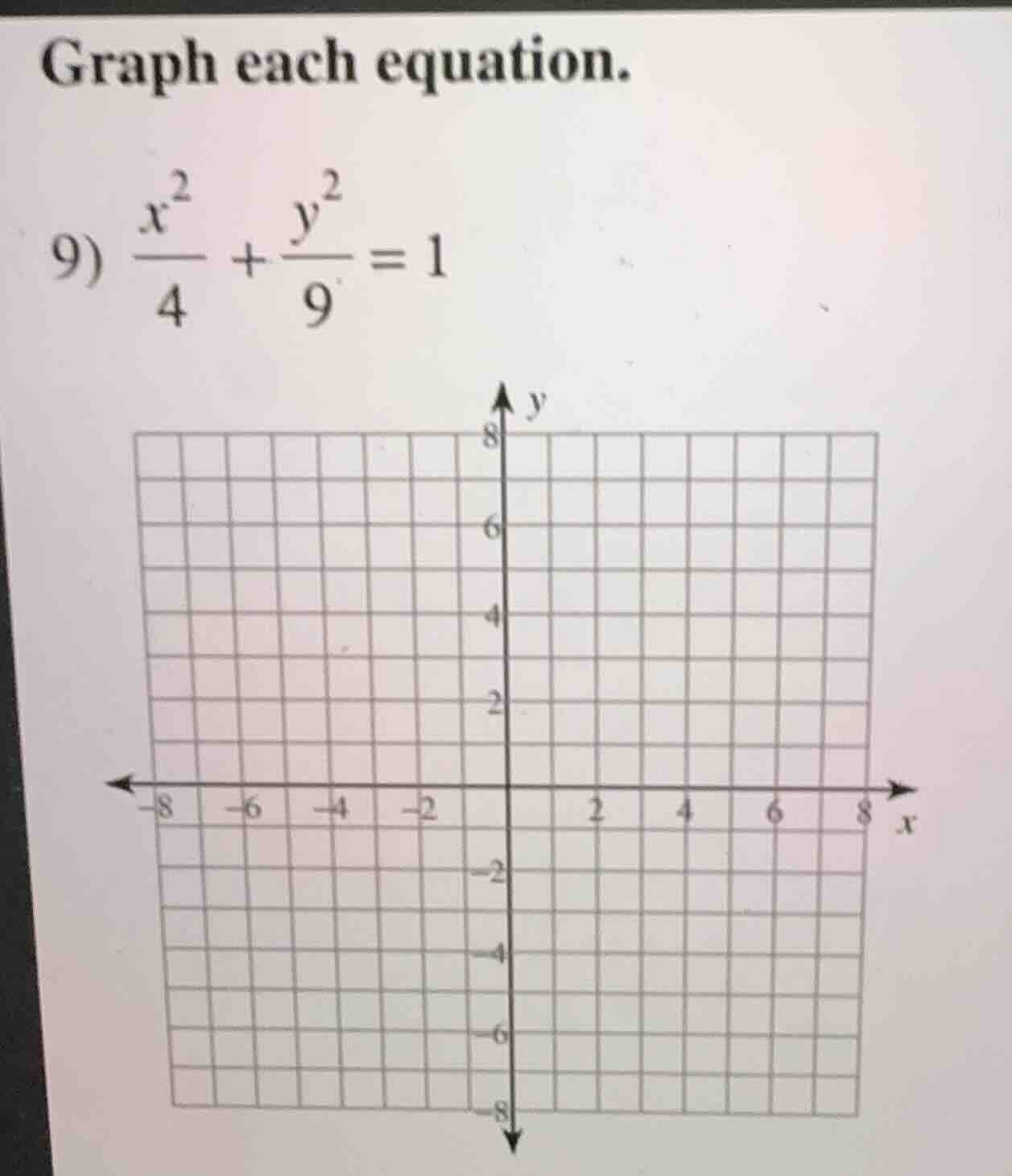 graph each equation. 9) \\(\\frac{x^2}{4} + \\frac{y^2}{9} = 1\\)