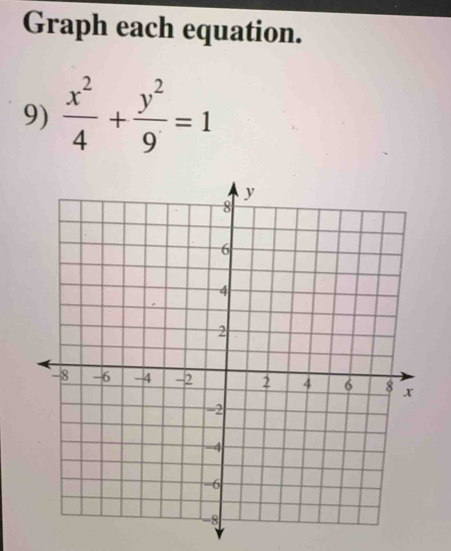 graph each equation. 9) \\(\\frac{x^2}{4} + \\frac{y^2}{9} = 1\\)