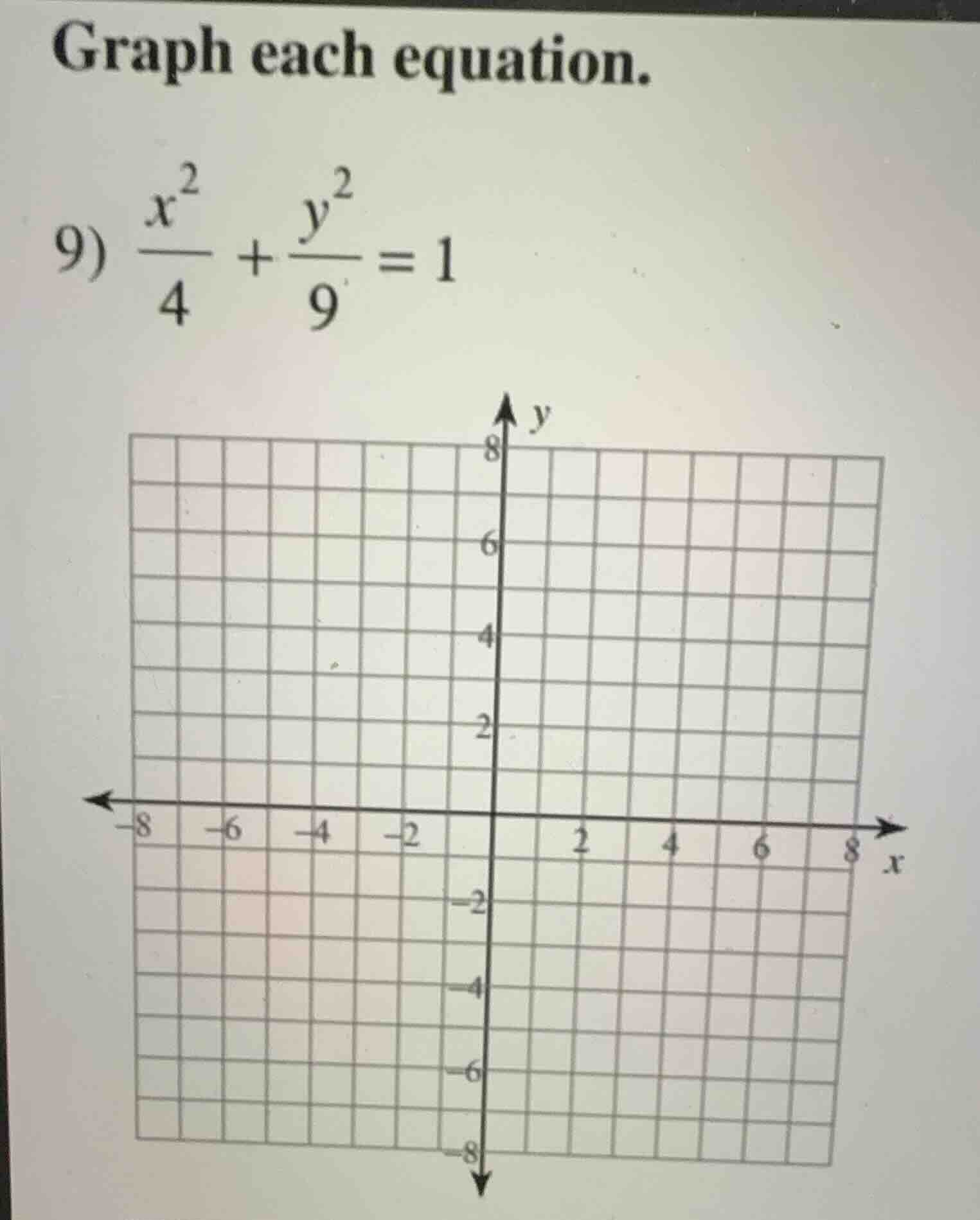 graph each equation. 9) \\(\\frac{x^2}{4} + \\frac{y^2}{9} = 1\\)