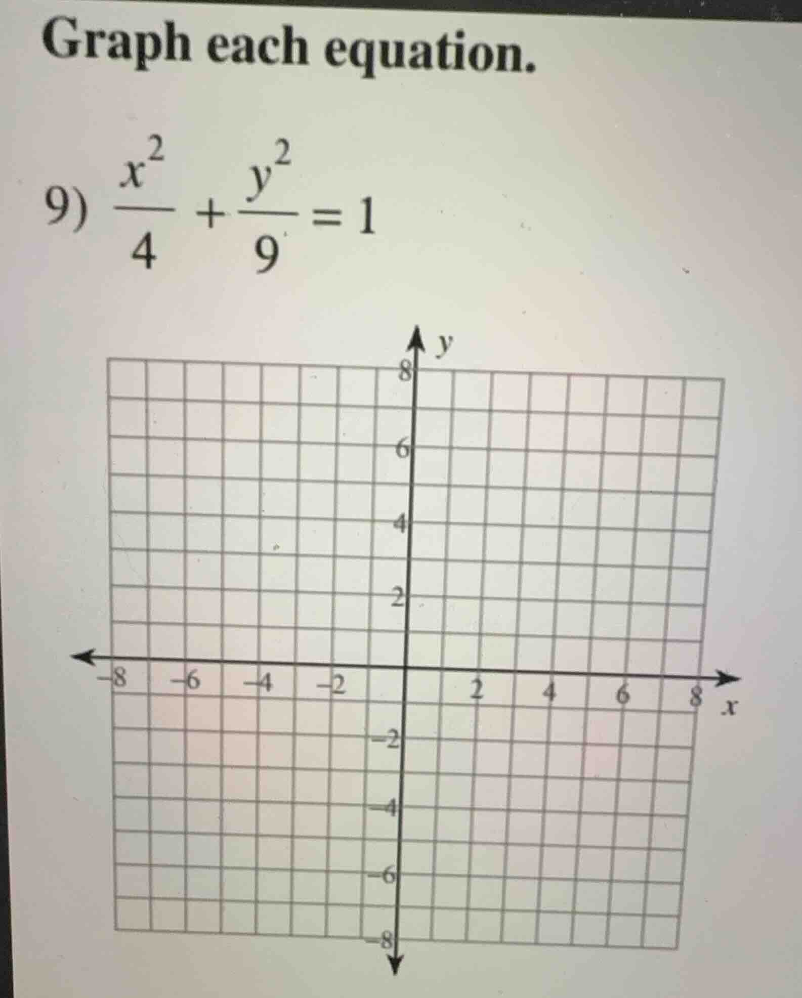 graph each equation. 9) \\(\\frac{x^2}{4} + \\frac{y^2}{9} = 1\\)