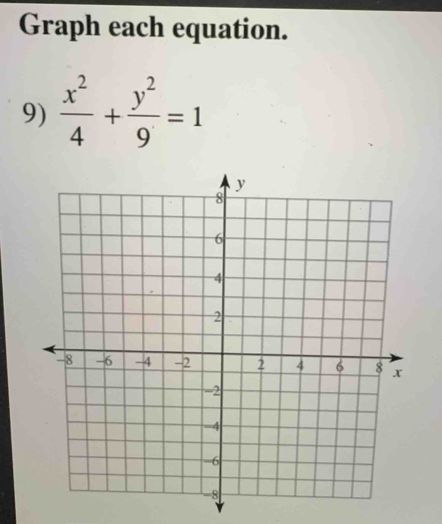 graph each equation. 9) \\(\\frac{x^2}{4} + \\frac{y^2}{9} = 1\\)