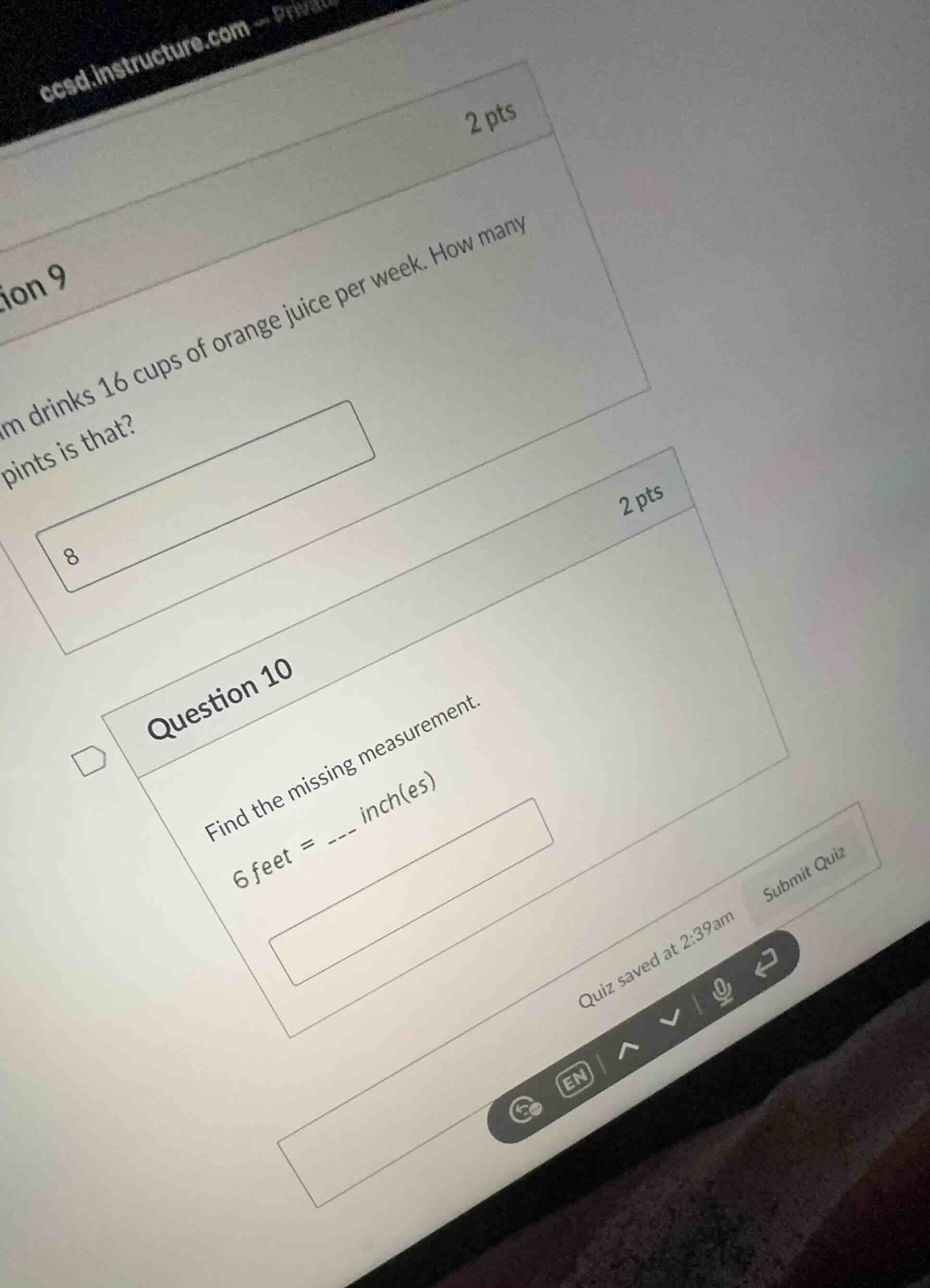 question 10 find the missing measurement. 6 feet = --- inch(es)