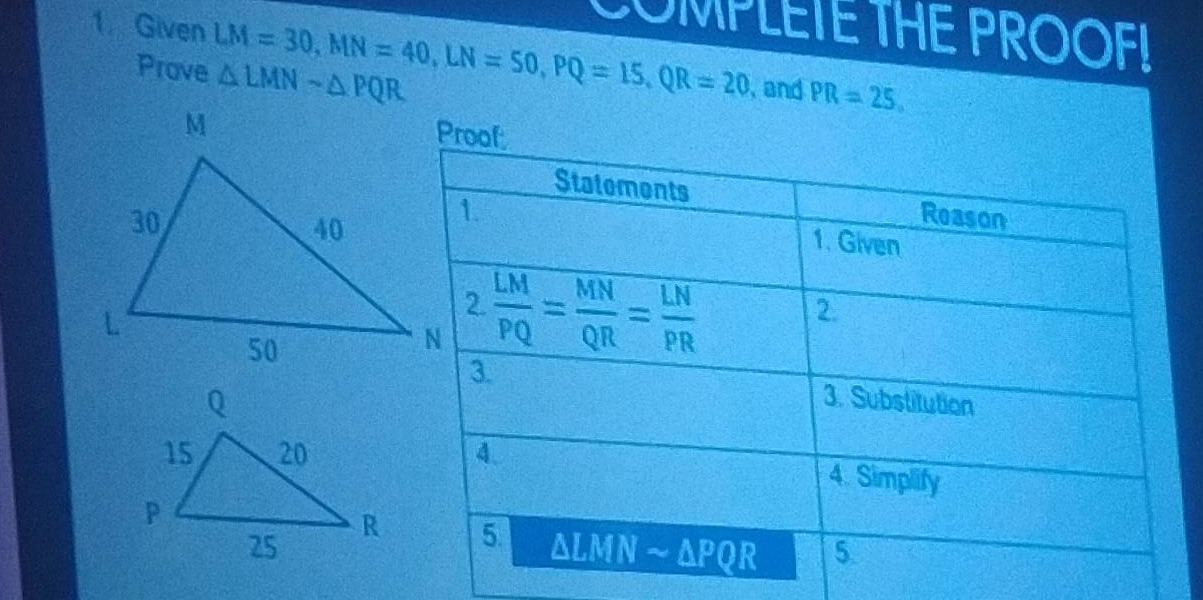 1. given ( lm = 30 ), ( mn = 40 ), ( ln = 50 ), ( pq = 15 ), ( qr = 20 …