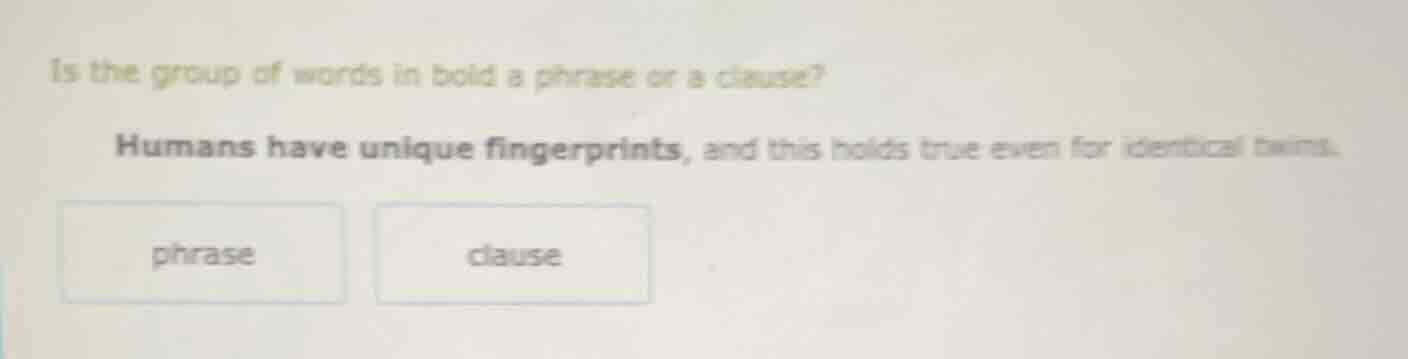 is the group of words in bold a phrase or a clause? humans have unique …