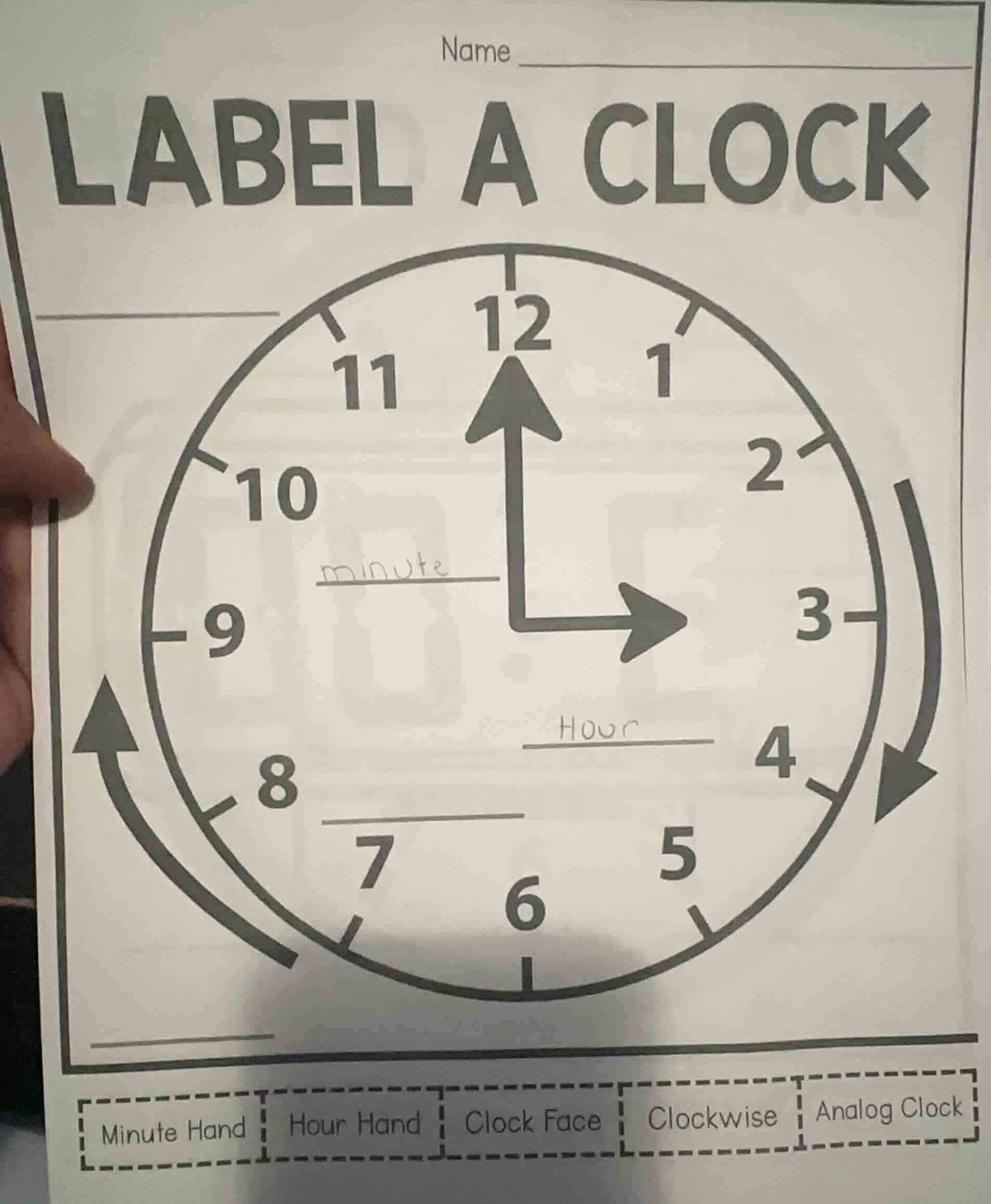 name label a clock 11 12 1 10 2 minute 3 9 hour 8 4 7 5 6 minute hand h…