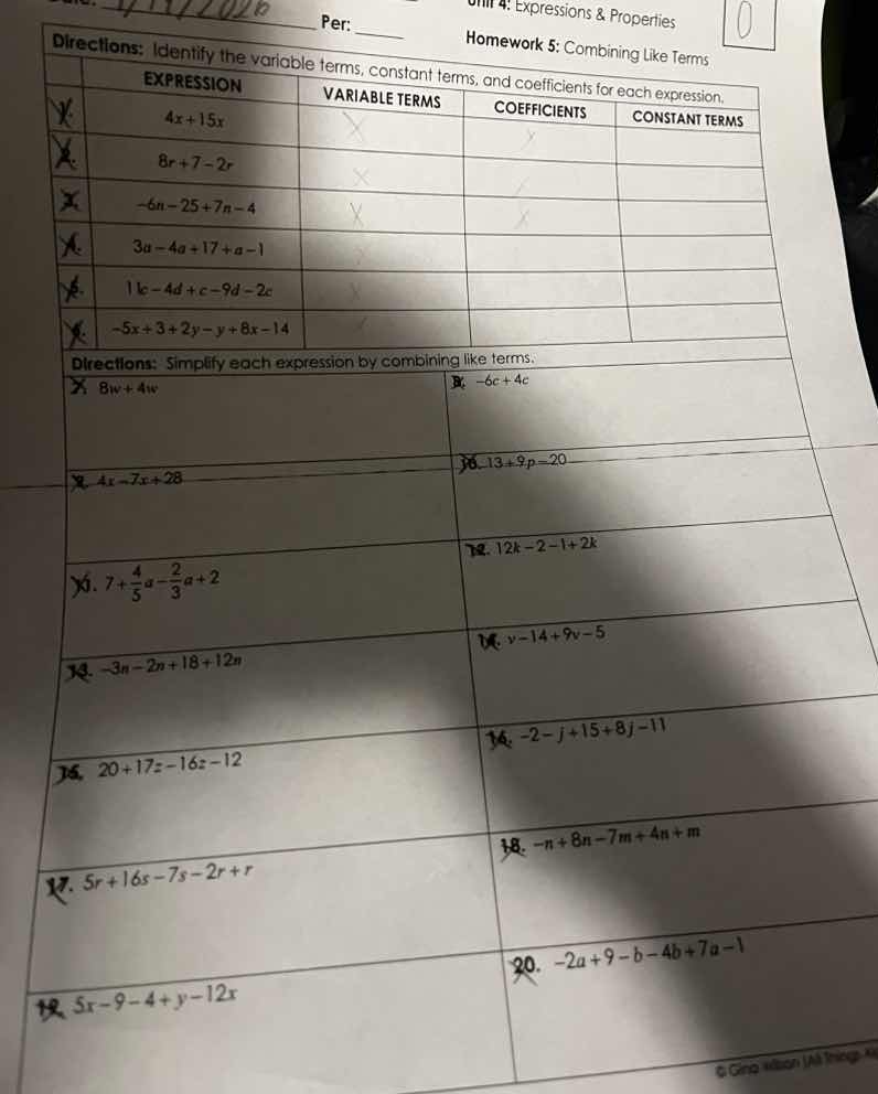 unit 4: expressions & properties per: ____ homework 5: combining like t…