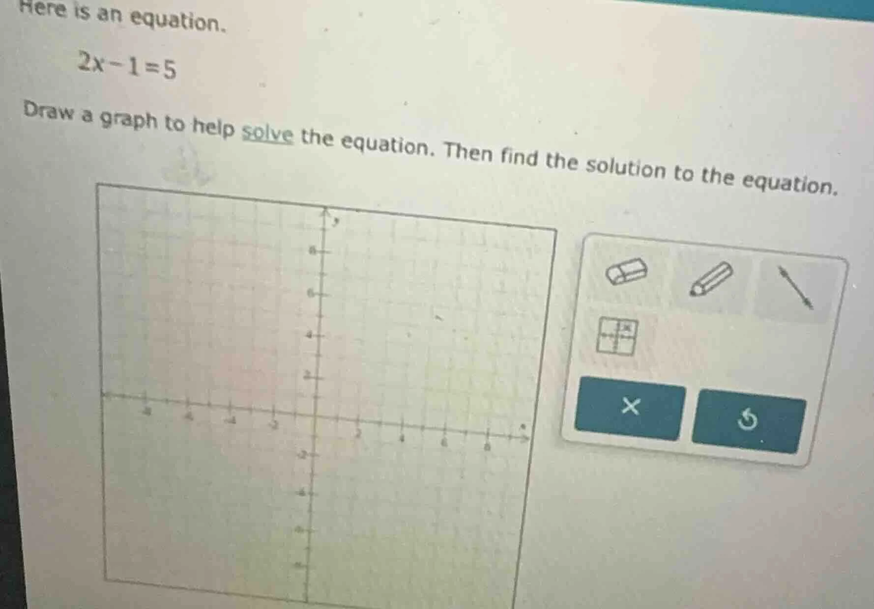 here is an equation. 2x - 1 = 5 draw a graph to help solve the equation…
