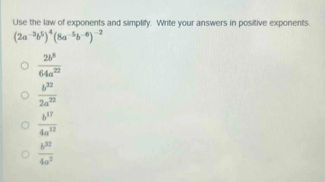 use the law of exponents and simplify. write your answers in positive e…