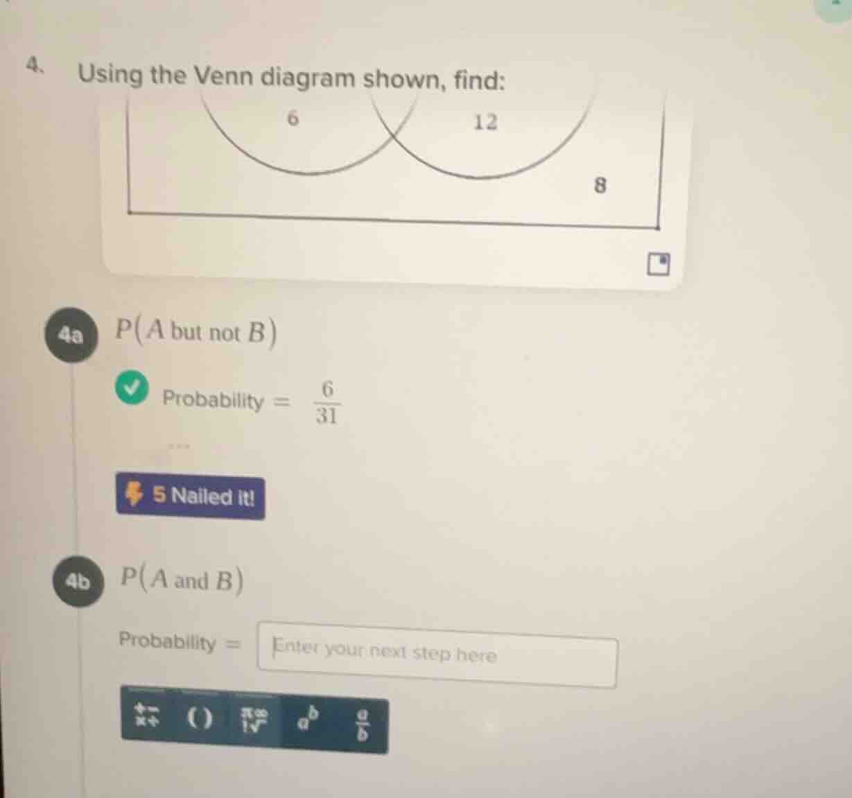 4. using the venn diagram shown, find: 4a ( p(a \text{ but not } b) ) p…