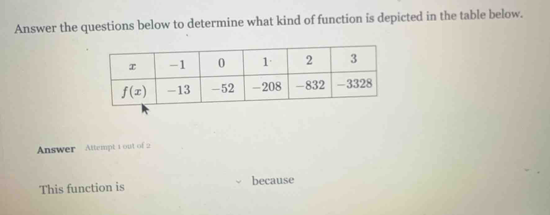 answer the questions below to determine what kind of function is depict…