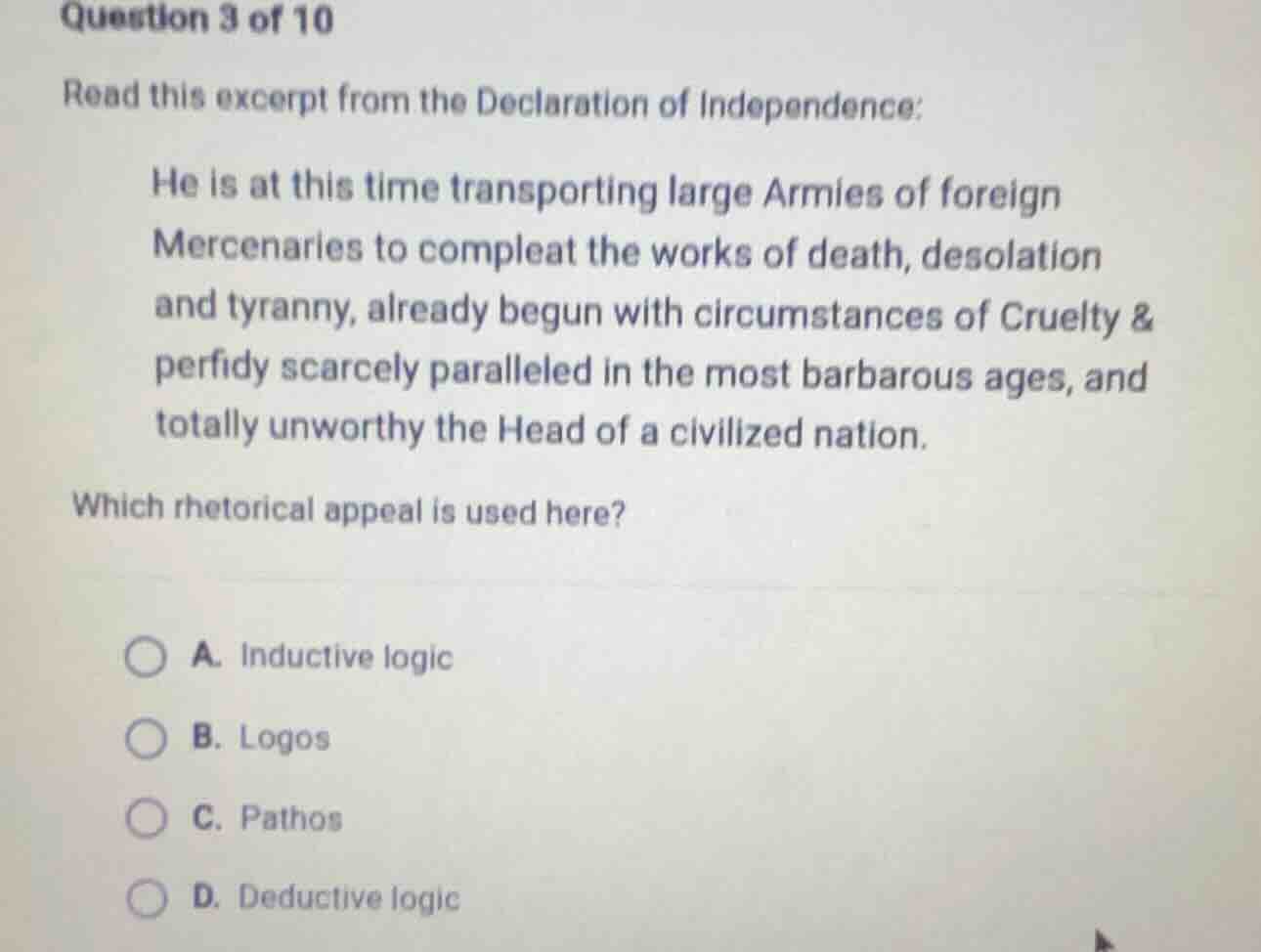 question 3 of 10 read this excerpt from the declaration of independence…
