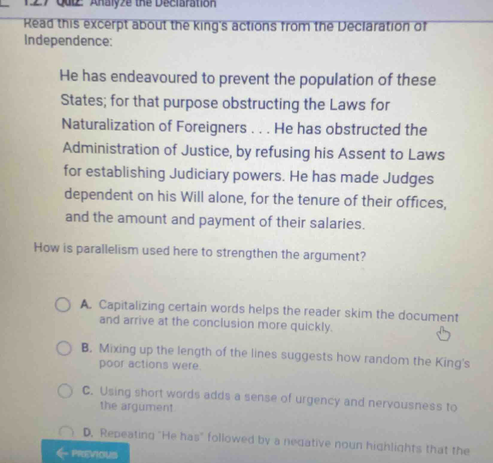 12.7 quiz analyze the declaration read this excerpt about the king’s ac…