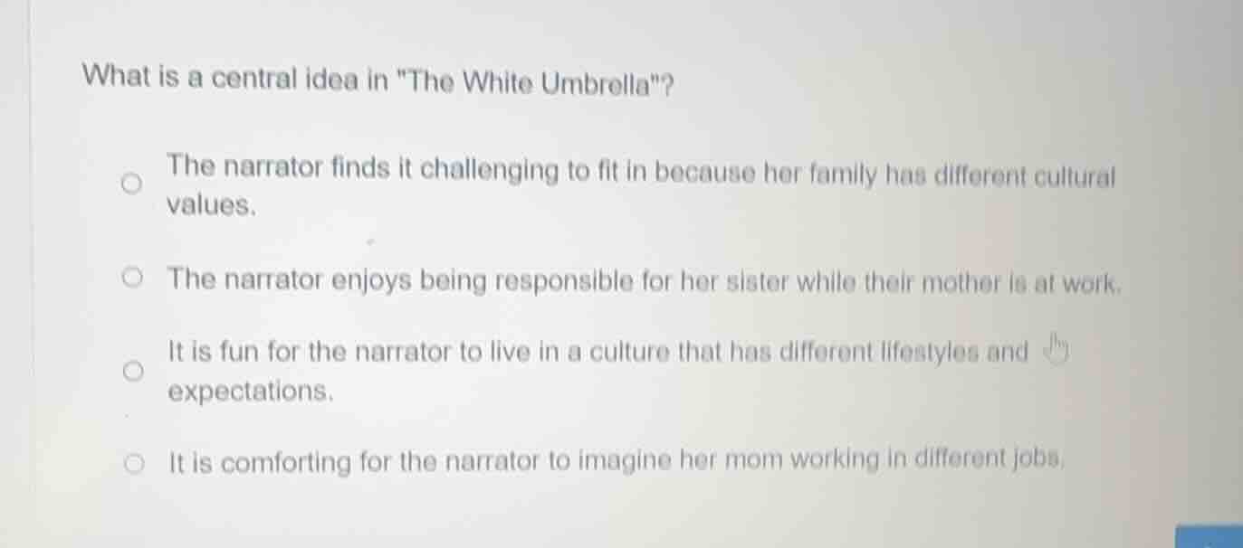 what is a central idea in \the white umbrella\? the narrator finds it c…