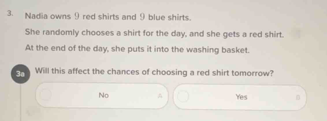 3. nadia owns 9 red shirts and 9 blue shirts. she randomly chooses a sh…