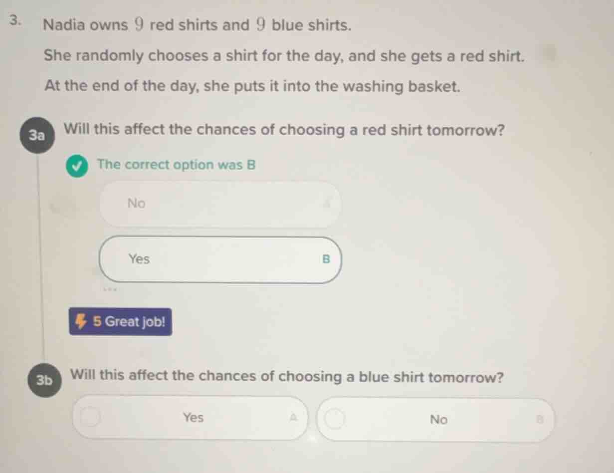 3. nadia owns 9 red shirts and 9 blue shirts. she randomly chooses a sh…