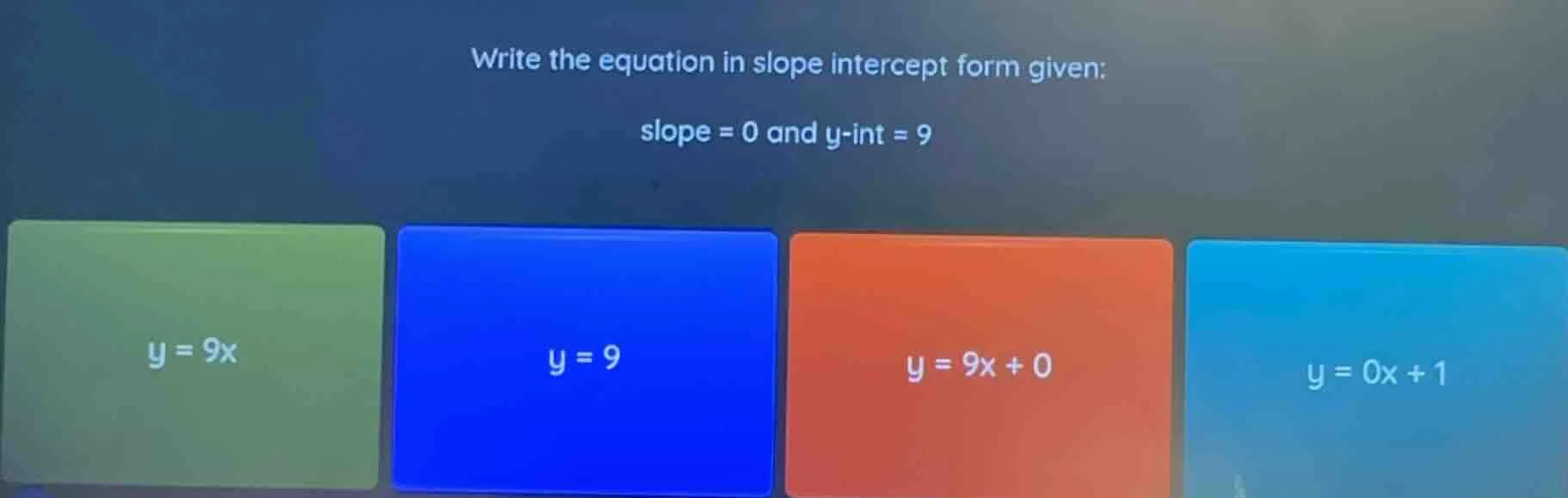 write the equation in slope intercept form given: slope = 0 and y - int…