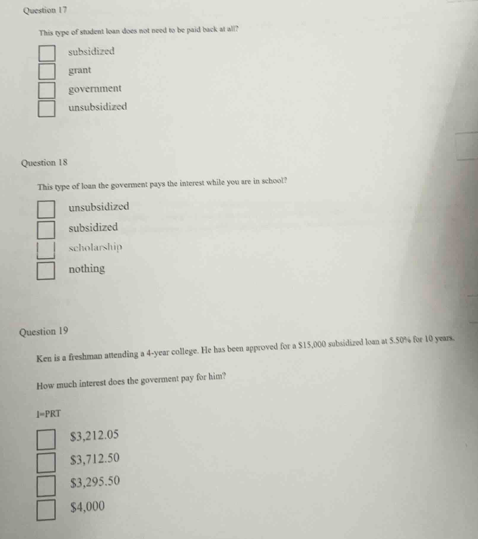 question 17 this type of student loan does not need to be paid back at …