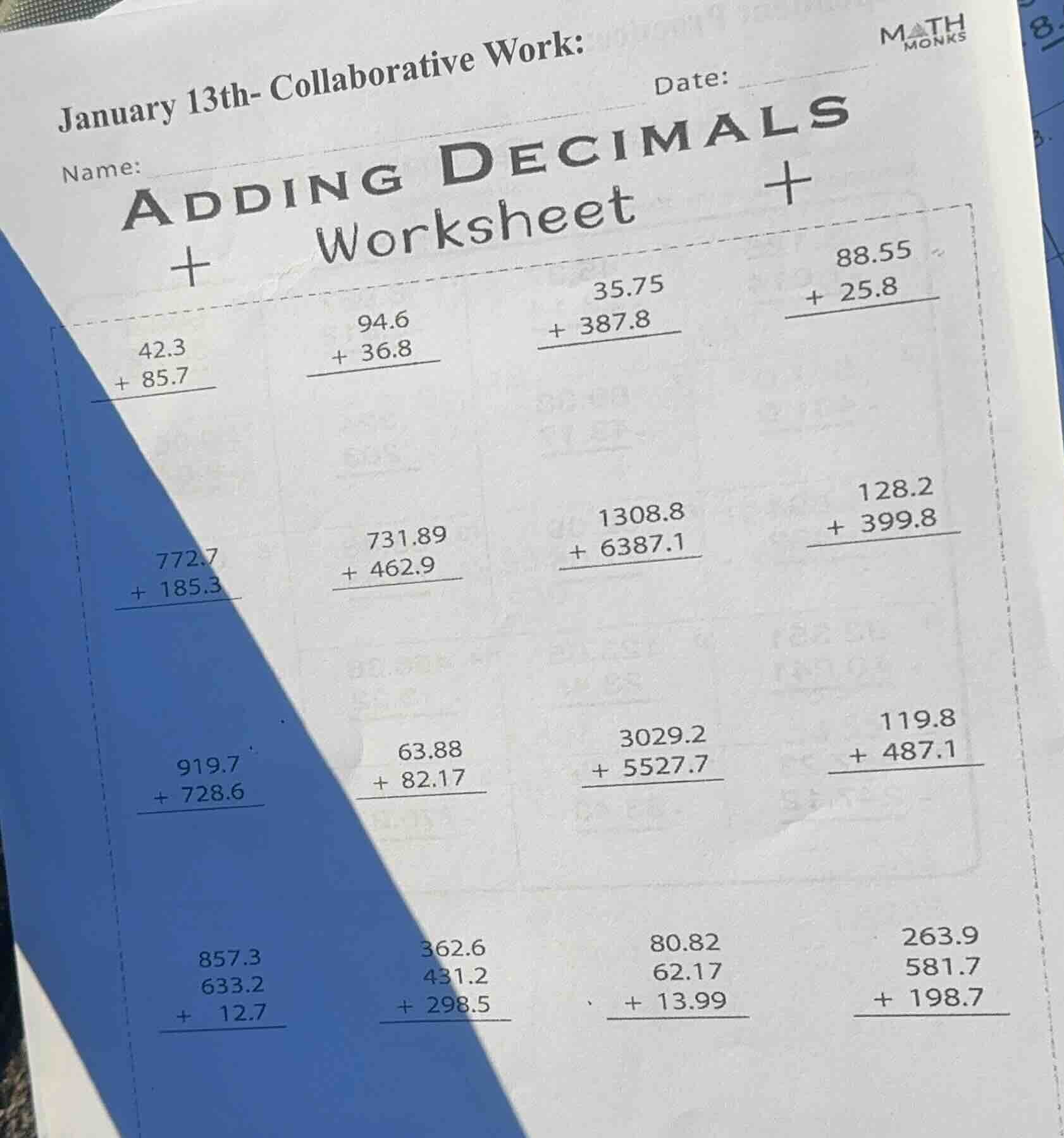 january 13th- collaborative work: name: date: adding decimals worksheet…