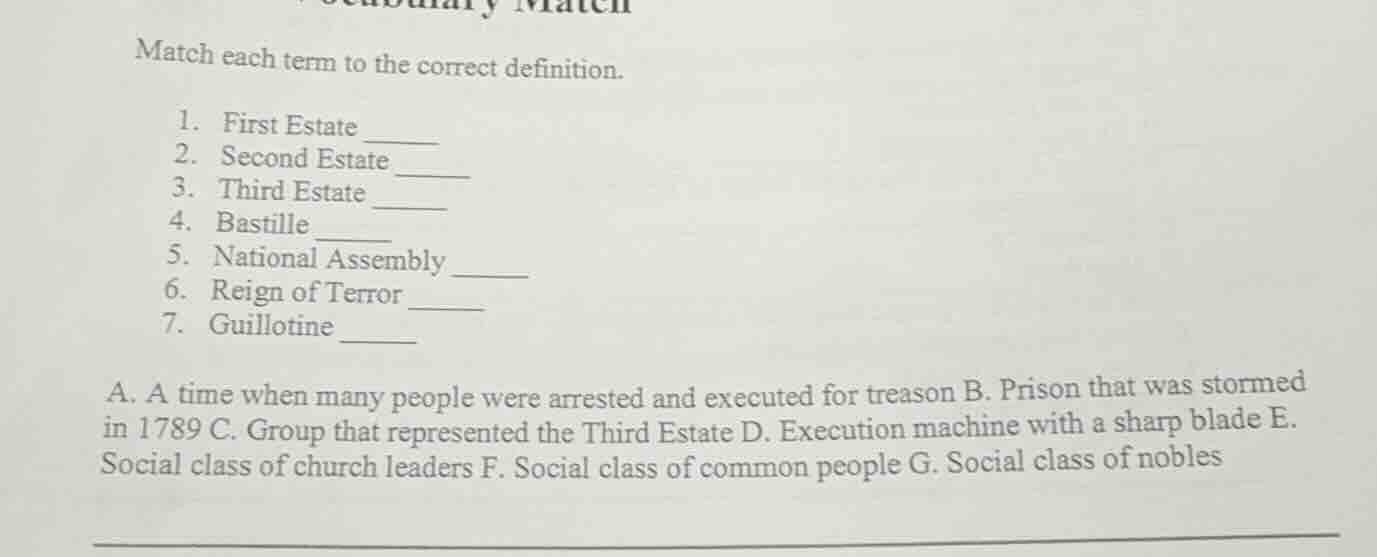 match each term to the correct definition. 1. first estate _____ 2. sec…