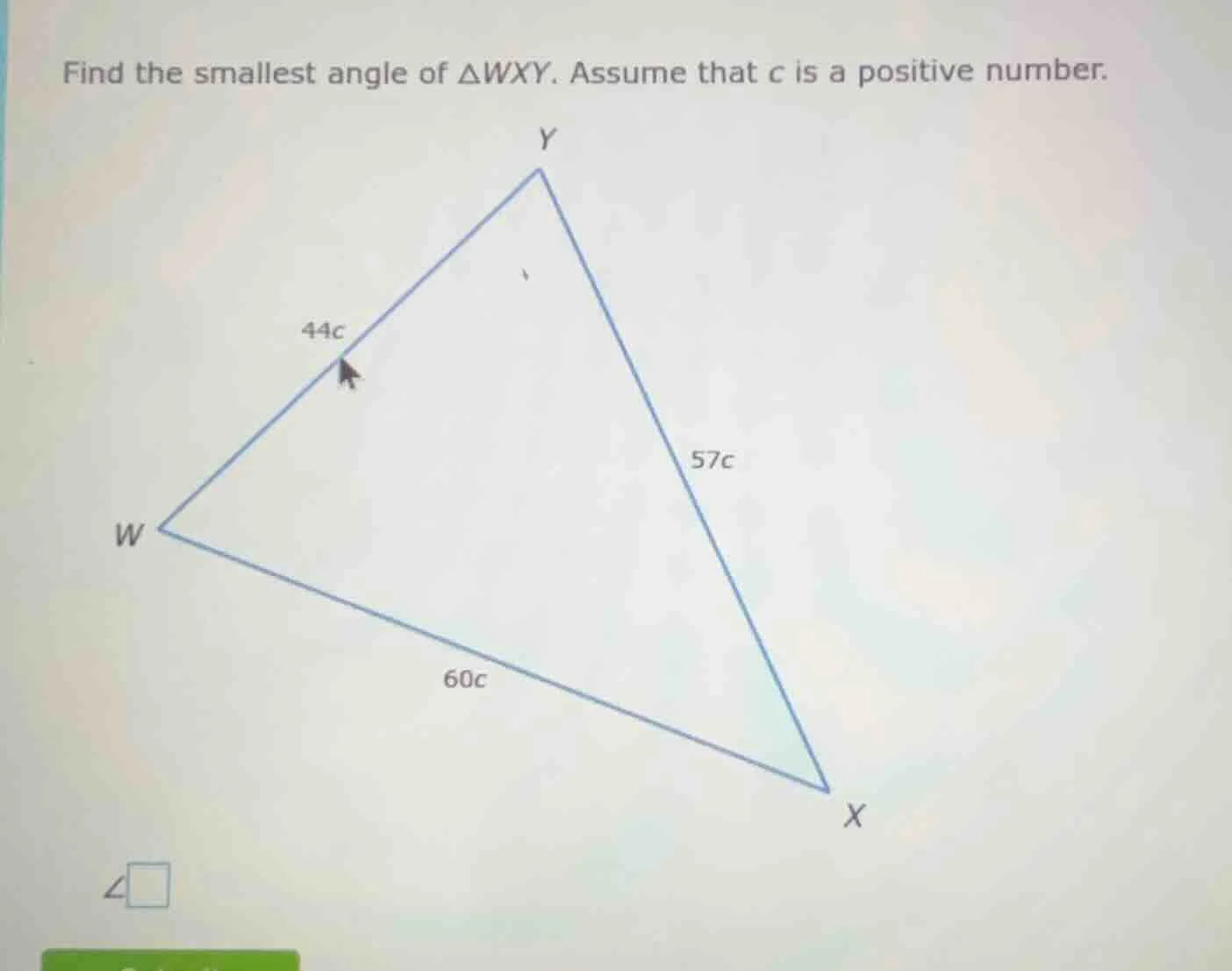 find the smallest angle of $\\triangle wxy$. assume that $c$ is a posit…