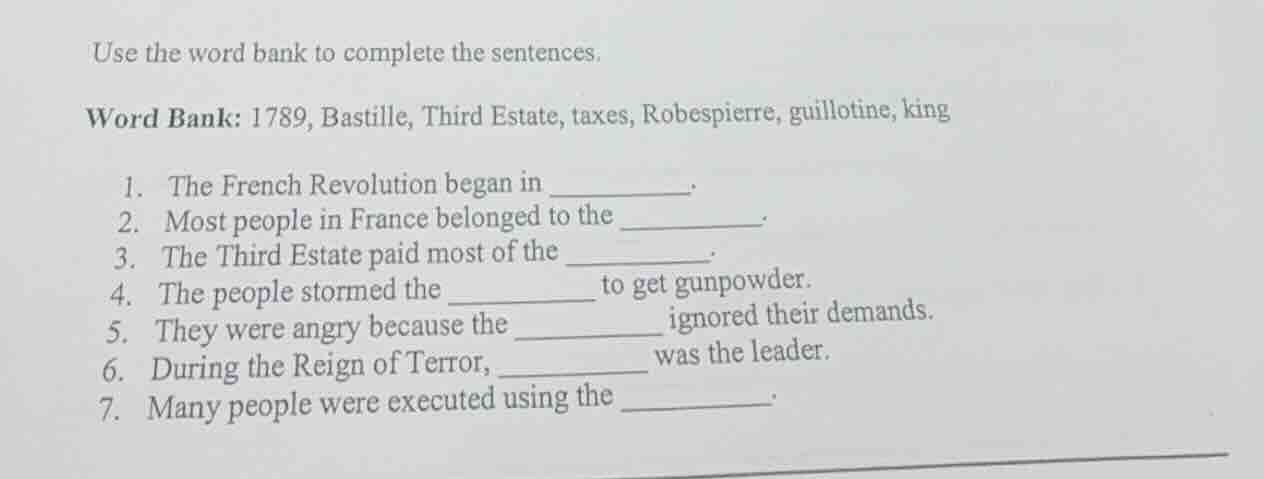 use the word bank to complete the sentences. word bank: 1789, bastille,…