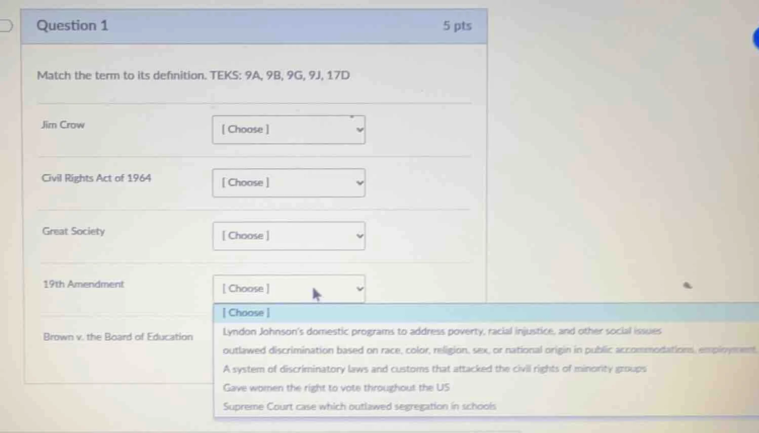 question 1 5 pts match the term to its definition. teks: 9a, 9b, 9g, 9j…