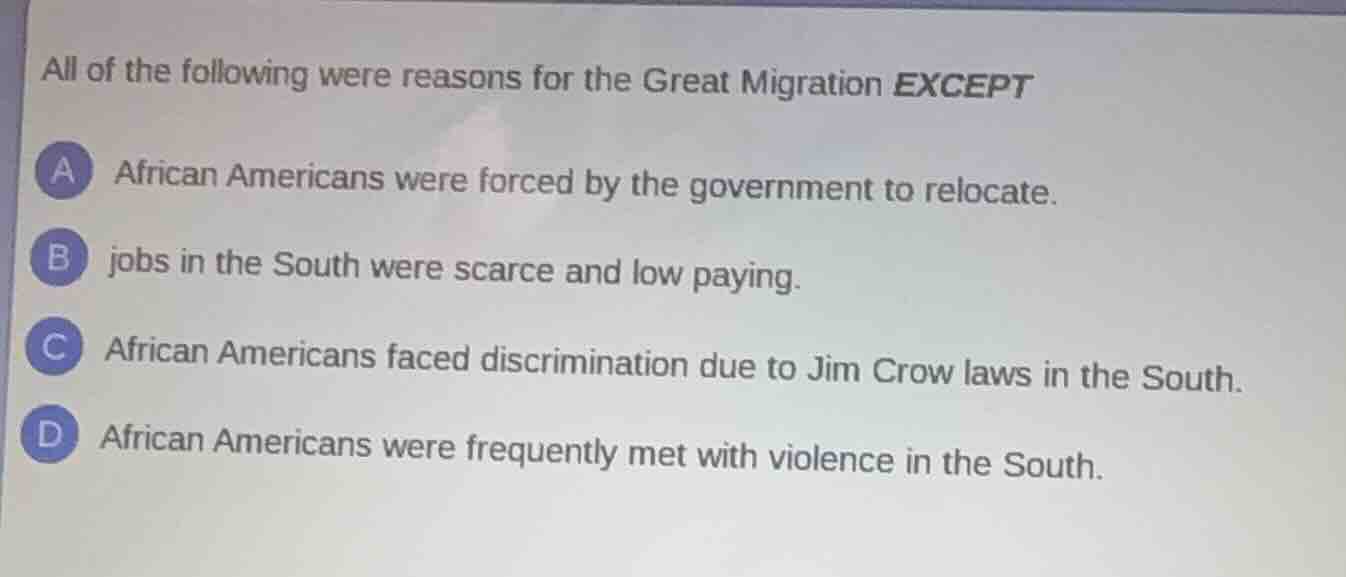 all of the following were reasons for the great migration except a afri…